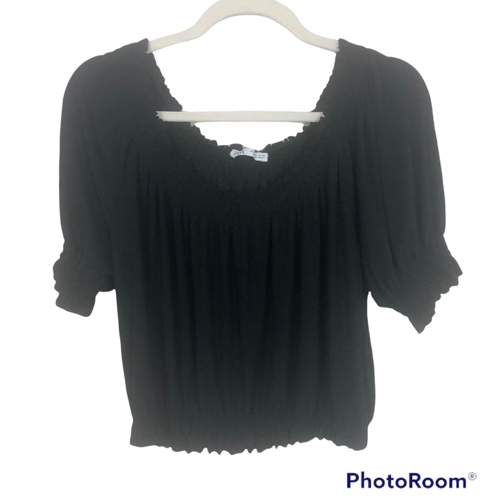 ZARA Black Stretch Lightweight Peasant Puff Sleeve Cropped Top sz Large